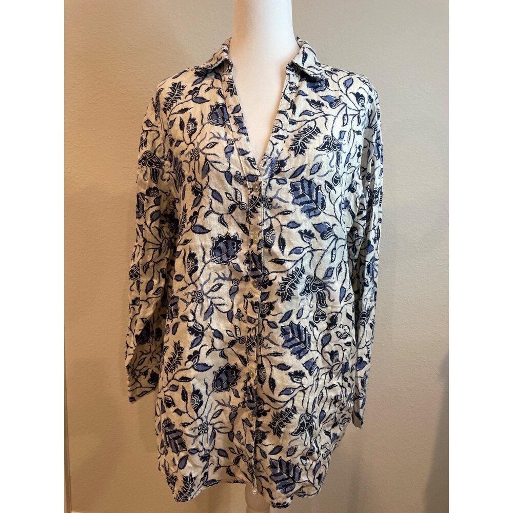 Rachel Zoe Blue Floral Linen Button Down LS Blouse
